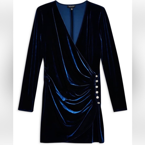 Topshop royal blue velvet mini wrap dress side drape and buttons. Size 12 - Picture 1 of 8